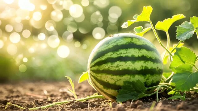 A closeup of a ripe watermelon in a garden setting, with a bokeh effect in the background. The watermelon is in the foreground, with its green and black striped pattern clearly visible.