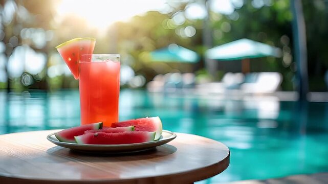 A closeup shot of a watermelon slice on a plate beside a swimming pool. The watermelon is cut in half, revealing its juicy interior, and is placed on a wooden table. The background is blurred.