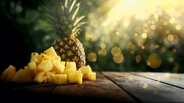 sliced pineapple on wooden surface with bokeh background.