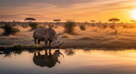 Obraz premium Rhino at Sunset - A Serene Reflection in the African Wilderness.
