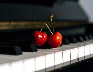 Two bright cherries balancing on piano keys creating playful contrast between glossy red fruit and classic black and white musical instrument
