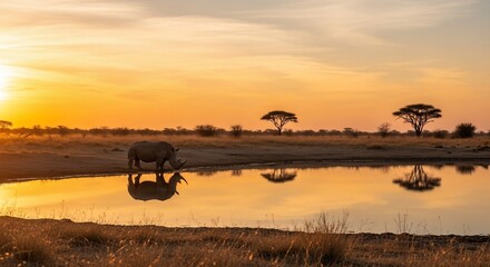 Fototapeta premium Rhino at Waterhole at Sunset in African Savanna.
