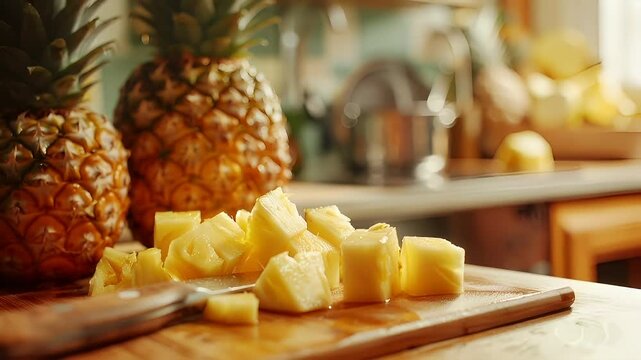 sliced pineapple on a cutting board with a knife, ready to be used for slicing. The pineapple is a vibrant yellow, with a smooth texture and a glossy sheen, suggesting it might be freshly cut.