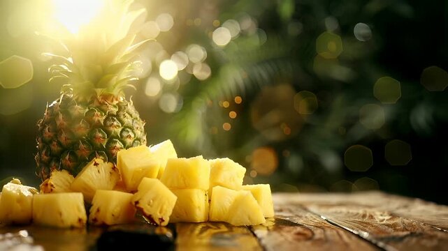 A closeup of a pineapple on a wooden surface, with a bokeh effect in the background. The pineapple is in sharp focus, while the background is slightly blurred.
