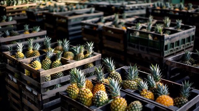 pineapples in wooden crates at a fruit processing plant.