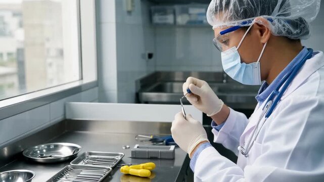 Medical laboratory technician preparing sterile surgical instrument tray clinical surgical tools prepared with focused calm concentration and care