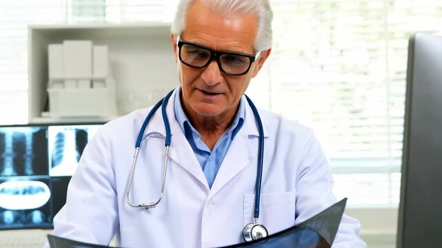 Elderly male doctor office examining chest radiograph and spinal xray with stethoscope, physician lab coat focused chest, spine diagnostic evaluation
