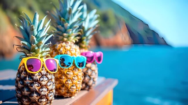 pineapples with colorful sunglasses by a poolside poolside settingpineapple with yellow sunglasses and vibrant sunglassespineappels with sunglasses and sunglasses on their heads.