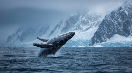 Fototapeta premium Humpback whale breaching dramatically from dark ocean water, powerful marine wildlife moment showcasing strength, motion, and natural beauty in the open sea.