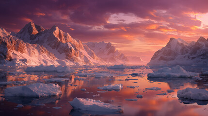 Majestic Arctic landscape with floating icebergs, jagged ice formations, and icy waters under dramatic light, showcasing pristine polar nature and remote frozen wilderness.