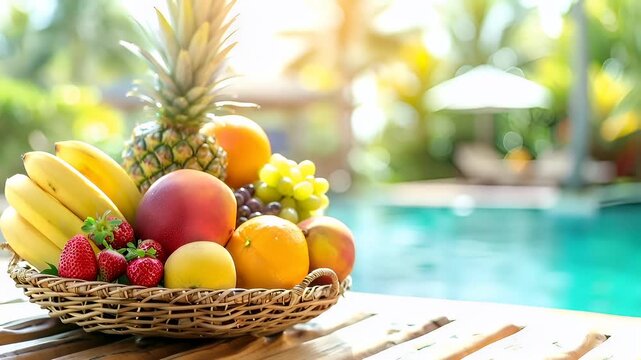 Aerial view of tropical fruits by a swimming pool with sunlight filtering through treestropical fruits by the poolsidepineapple.