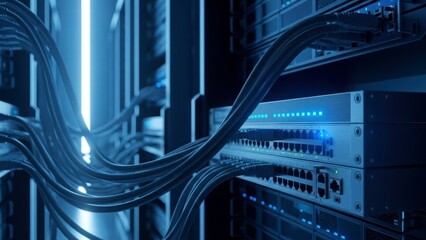 Data Server: A modern data center with an array of servers and intricate cabling, highlighted by a cool blue tone, evokes an aura of advanced technology and connectivity.