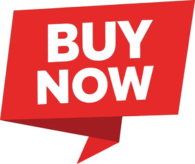 Buy now red banner vector icon: e commerce call to action, sale promotion label