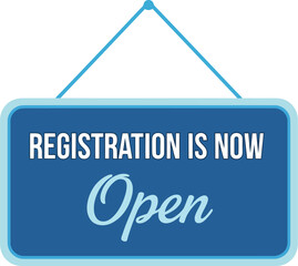 Registration is now open sign: online event enrollment, course program announcement banner