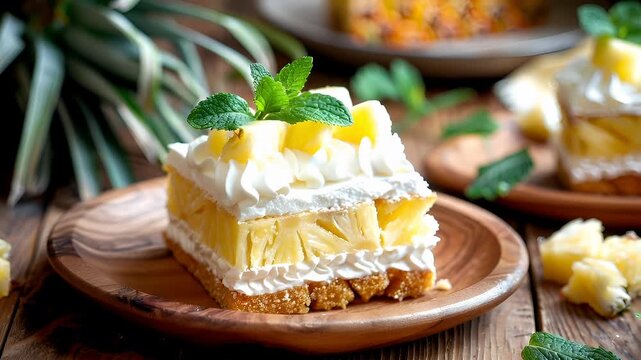 A closeup of a dessert with pineapple slices and whipped cream on a wooden plate. The dessert appears to be a layered cake with a goldenbrown crust.
