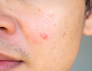 Close-up of cheek showing acne spots enlarged pores and mild redness highlighting skin texture details
