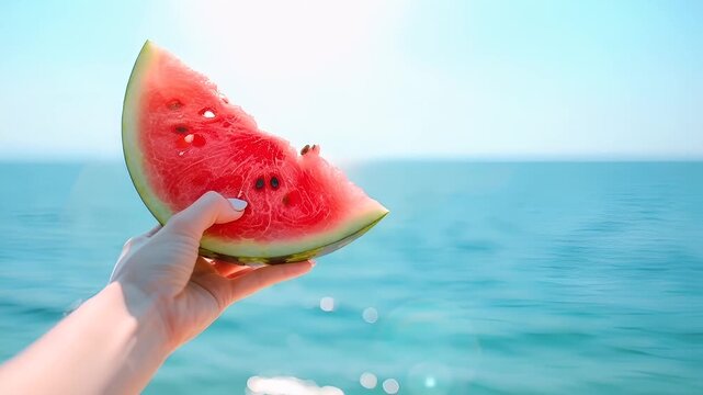 A hand holds a slice of watermelon against a backdrop of a serene blue sky and calm sea.