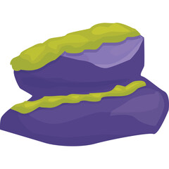 Stylized Purple Rocks Covered in Vibrant Green Moss Isolated on a Transparent White Background