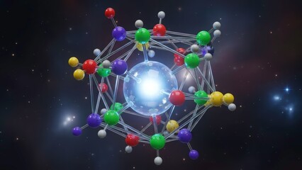 Fototapeta premium Molecular Cosmos: A luminous molecular structure floats amidst a backdrop of stars and galaxies, representing the intricate building blocks of the universe and the wonders of science.