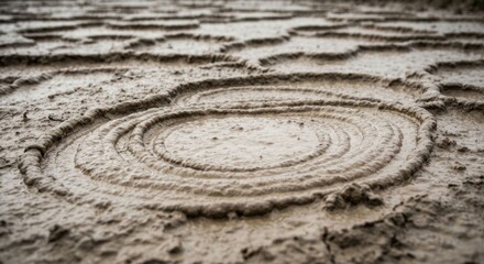 Close-up of concentric textured patterns carved into wet, muddy ground