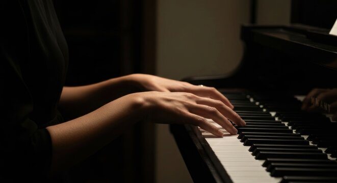 Close-up of hands playing piano, fingers on keys, warm lighting