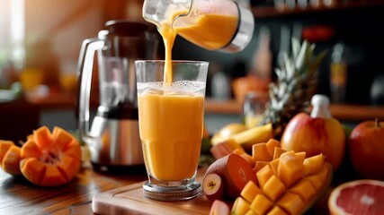 A closeup shot of a glass of orange juice being poured into a glass. The glass is on a wooden surface, and the background is blurred but suggests a kitchen setting. - Powered by Adobe