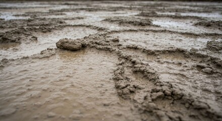 Close-up of muddy, wet ground showing textured tire track patterns