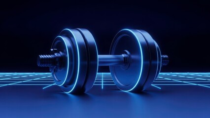 Dumbbell in Digital Era: A sleek, futuristic dumbbell glows with neon blue lines against a dark backdrop, symbolizing the intersection of fitness and technology.