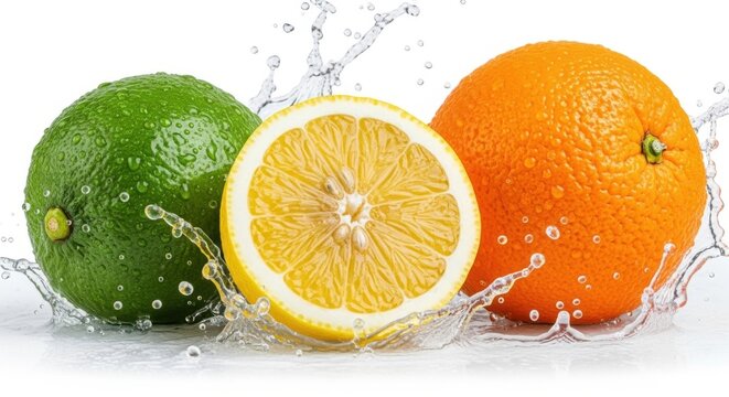 Lime, Sliced Lemon, and Orange Splashing with Water on a White Background, Dynamic Citrus Fruit Refreshment