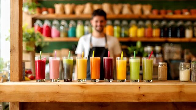 Actions A bartender behind the counter with a row of freshly made juices in front of him, ready to serve customers. The scene is set in a welllit.