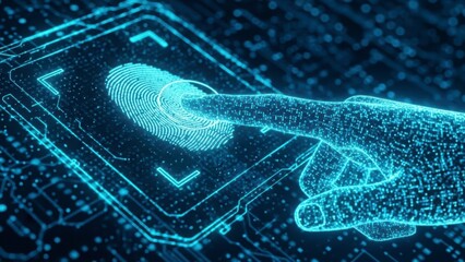 Fingerprint Authentication Technology: The scene portrays the future of security, with a digital fingerprint and a finger, representing biometric verification.