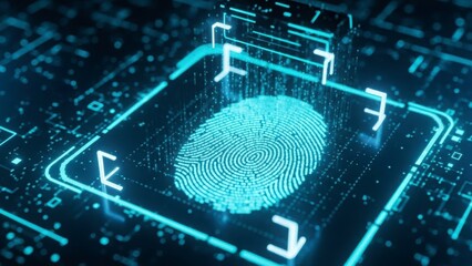 Fingerprint Security: A close-up view of a glowing fingerprint scanned by a digital interface, symbolizing access and security in the digital realm. 