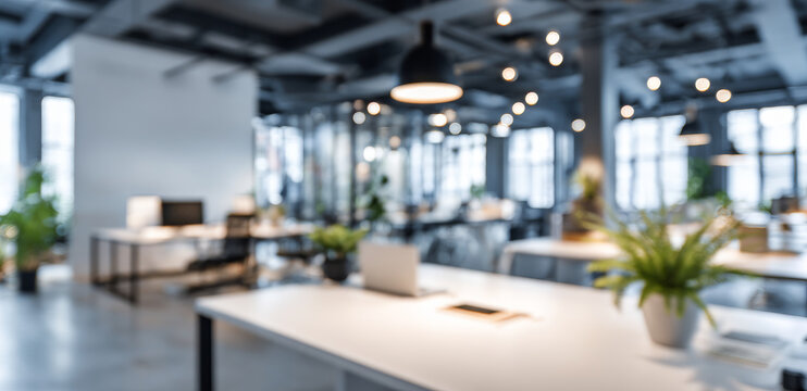 Modern open space office interior with blurred background, featuring plants, desks, and ambient lighting, creating vibrant work environment