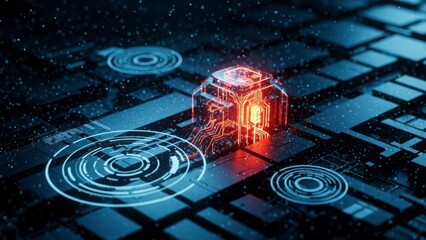 Cybernetic Microchip: A high-tech digital microchip, emitting a bright glow, sits prominently within an intricate circuit board, illustrating the complex and interconnected world of technology.