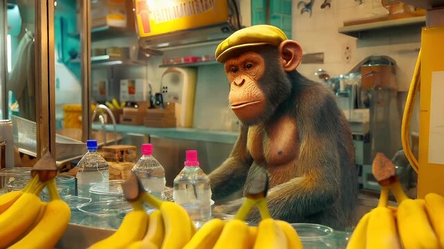 A vivid, animated depiction of a monkey in a banana shop setting. The monkey is depicted in a relaxed pose, sipping from a plastic cup. The banana shop is filled with a variety of bananas.