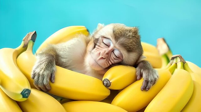 A closeup of a monkey resting on a cluster of yellow bananas. The monkeys face is partially obscured by the bananas, with its eyes closed, suggesting a moment of rest or relaxation.