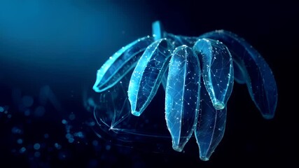 A highresolution digital artwork of a leaf, rendered in a digital blue hue. The leaf is intricately detailed with a network of lines and dots, giving it a threedimensional appearance.