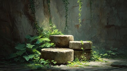 Fototapeta premium Enchanting stone podiums nestled in lush greenery create a captivating scene perfect for showcasing organic beauty and natural elegance