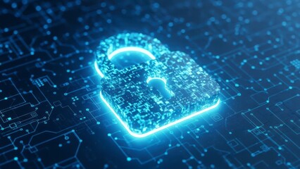 Digital Security: A glowing digital padlock, symbolizing cybersecurity, rests atop a circuit board. Representing digital data safety in cyberspace