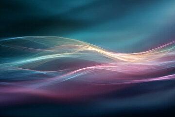 Fototapeta premium Ethereal light waves dance across a dark abstract background with soft pink and blue hues