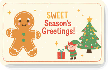 Sweet Season's Greetings Vector Card, Cute Gingerbread Man Elf Christmas Tree Design