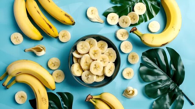A topdown view of a vibrant blue background featuring various banana products. The main subject is a bowl of sliced bananas, which is the focal point of the image.