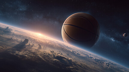 A giant basketball floats in outer space above Earth, blending sports and cosmic fantasy in a surreal, imaginative scene ideal for futuristic and creative concepts.