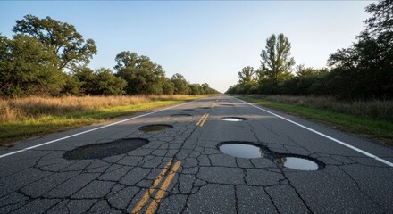 Damaged asphalt road with puddles, flanked by trees and greenery