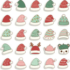 Vector Christmas Hat Sticker Set, Vintage Santa Caps and Winter Headwear Collection