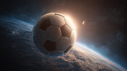 Giant soccer ball floating in outer space near Earth, blending sport and science fiction in a surreal cosmic concept, ideal for creative backgrounds, futuristic themes, and imaginative visual storytel
