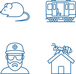 Naklejka premium Pest control, urban transport & labor line icons set. mouse, subway, engineer, ant home