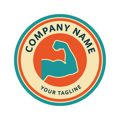 Circular logo featuring a stylized arm flexing, surrounded by company name and tagline text.