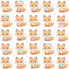Cute Kawaii Fox Vector Sticker Set, Pastel Winter Animal Mascot with Scarf and Hat
