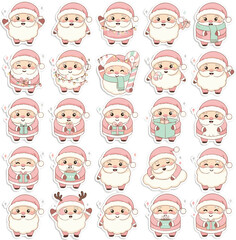 Cute Pastel Pink Santa Claus Character Vector Sticker Set, Kawaii Christmas Holiday Mascot